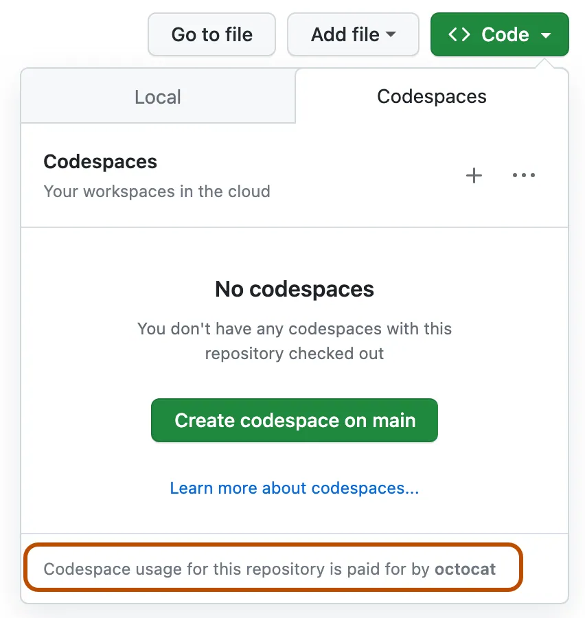 Dialog showing buttons to create a codespace