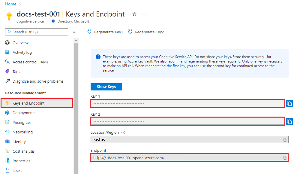 Keys and Endpoint resource blade in Azure Portal